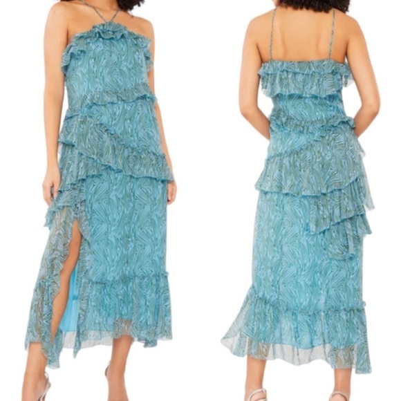 Cinq a Sept- Blue and green Sleeveless Multi Ruffle “Rayner” Printed Midi Dress - Picture 2 of 8